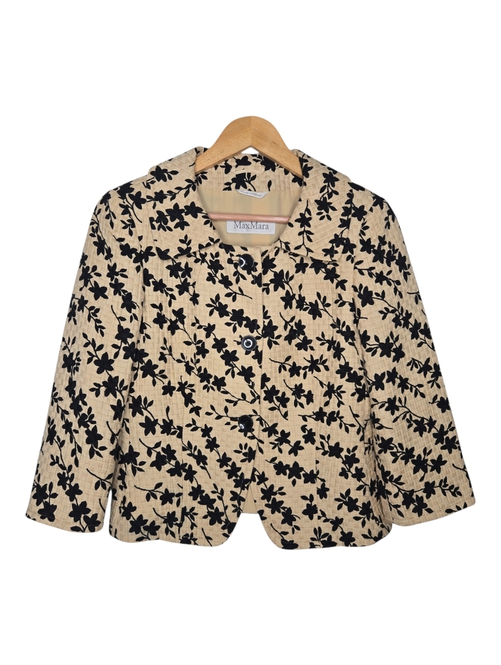 Max Mara Womens Tan Black Floral Print Cotton Silk Quilted Blazer Size 8
